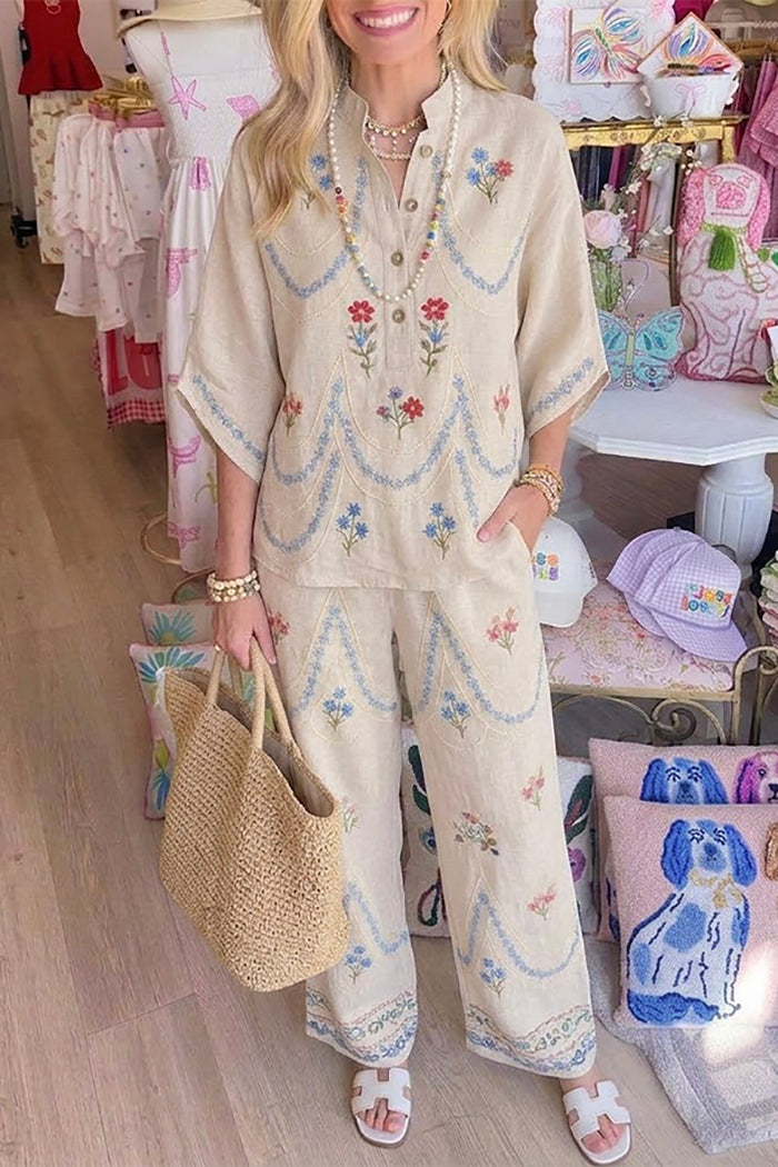 Boho Floral Three Quarter Sleeve Wide Leg Pants Set