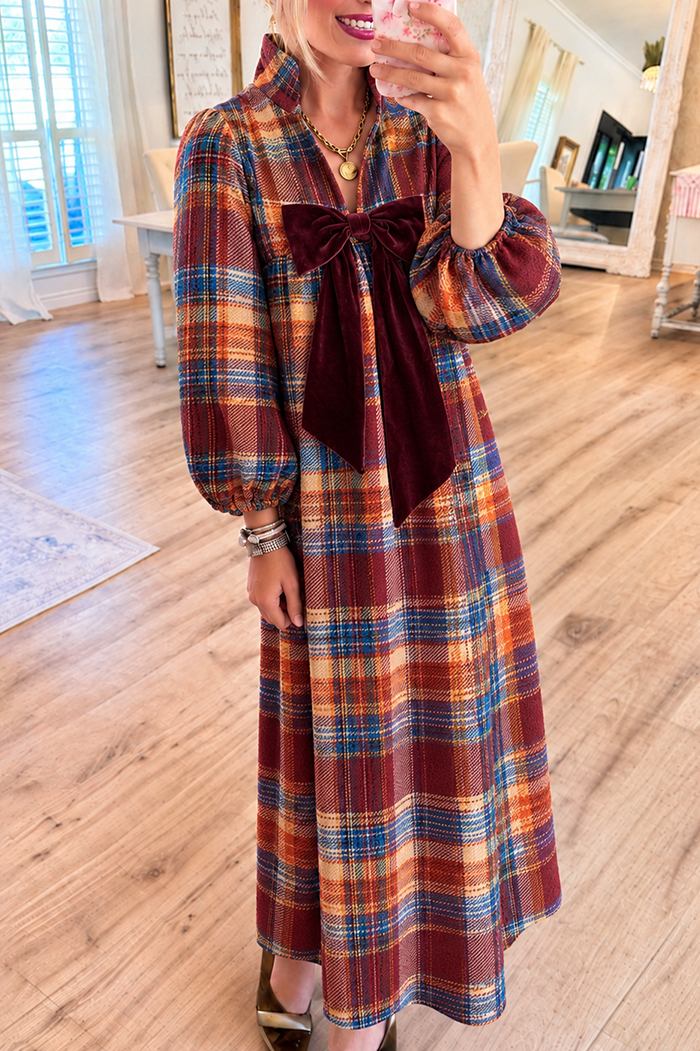 Fall Plaid Velvet Bow Pocket Maxi Dress