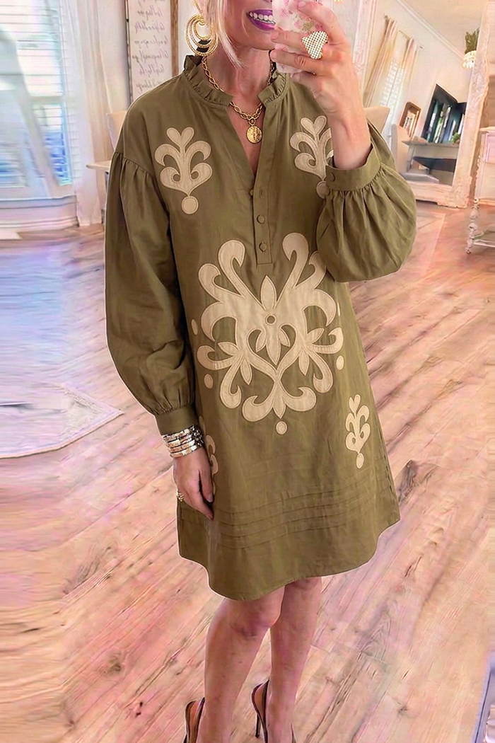 Geometric Floral Ruffle Stand Collar Balloon Sleeves Pockets Dress