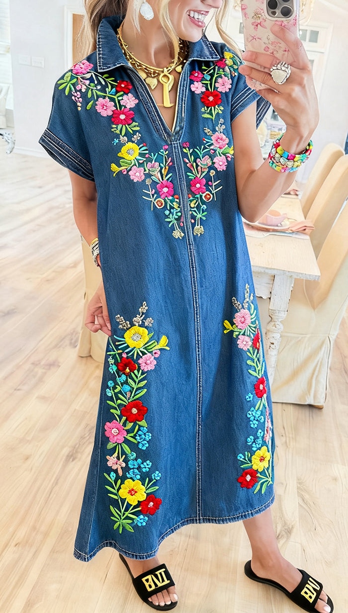 Casual V-Neck Floral Embroidery Denim Dress