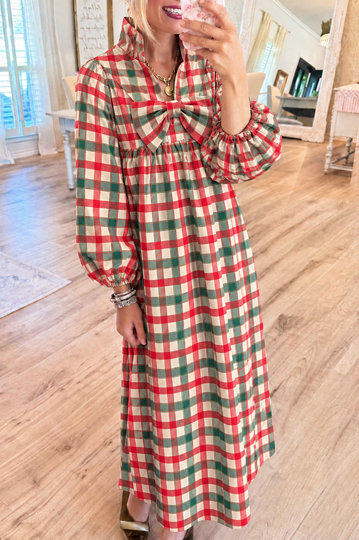 Red And Green Plaid Bow Maxi Dress