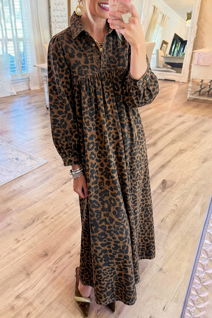 Denim Leopard Collared Gathered Waist Shirt Dress