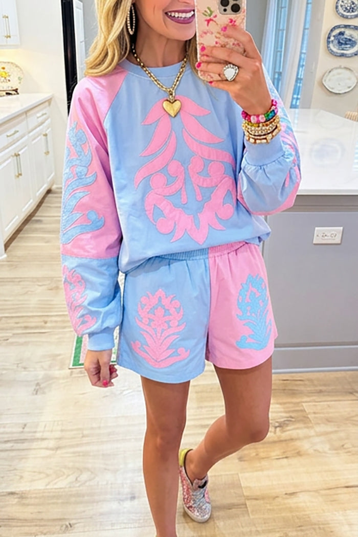 Colorblock Raglan Sleeve Embroidered Set