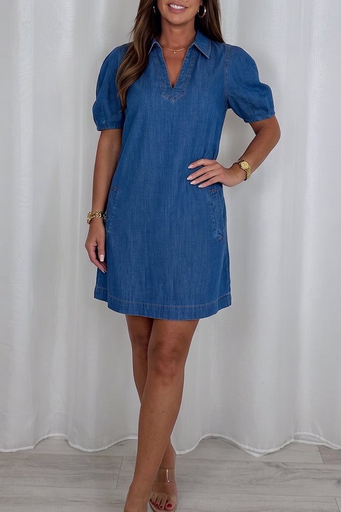 Denim Puff Sleeve Pocket Dress