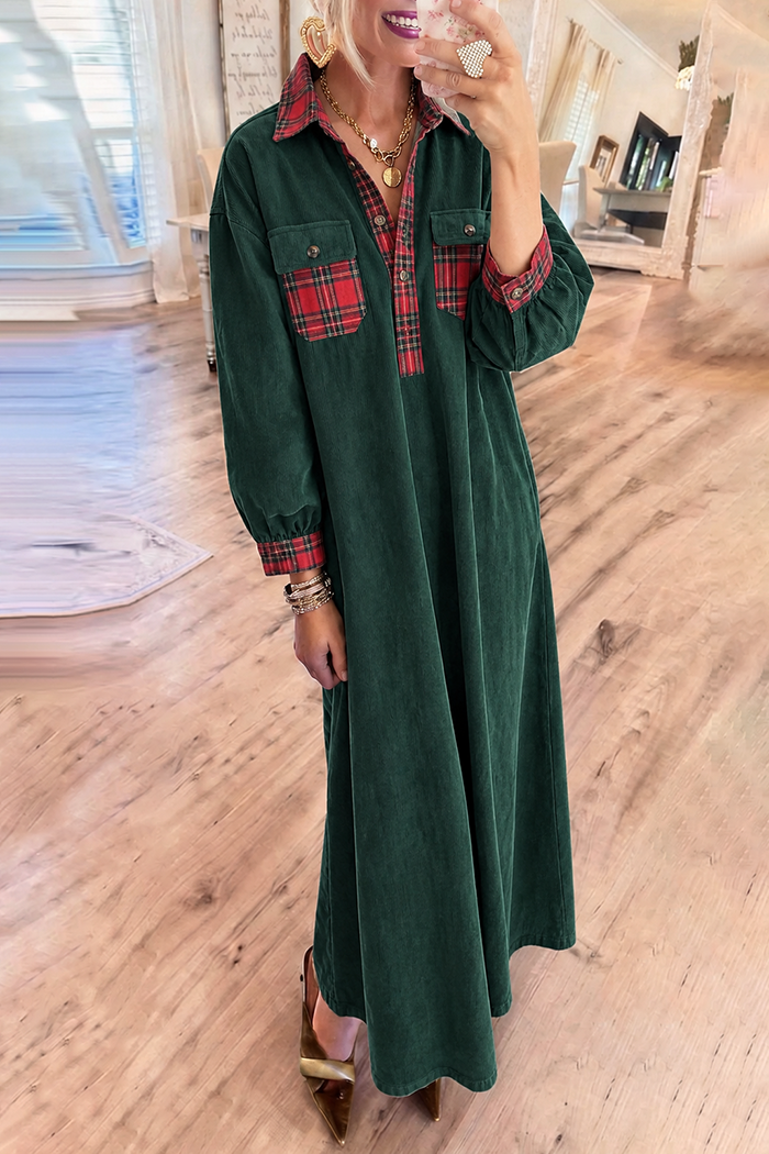 Green Corduroy Plaid Trim Pocket Maxi Dress