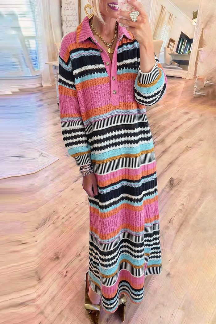 Multi Stripe Knit Collared Maxi Dress
