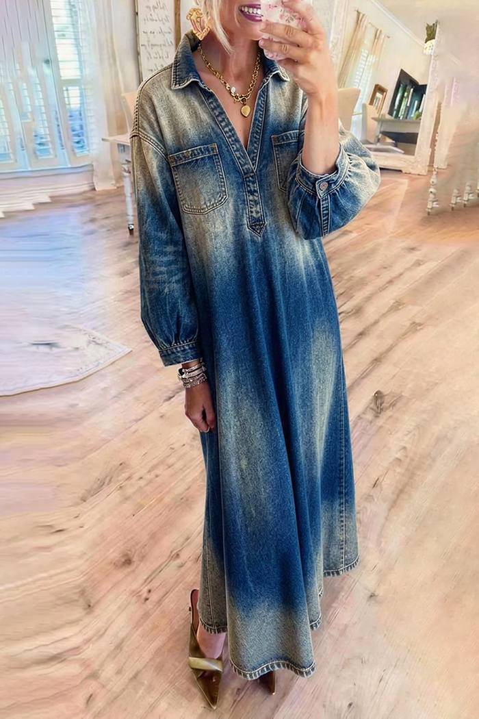 Casual Faded Wash Pockets Denim Maxi Dress