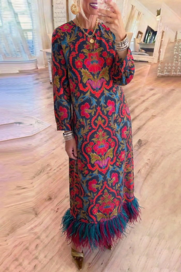 Vibrant Floral Long Sleeves Feather Fringe Maxi Dress