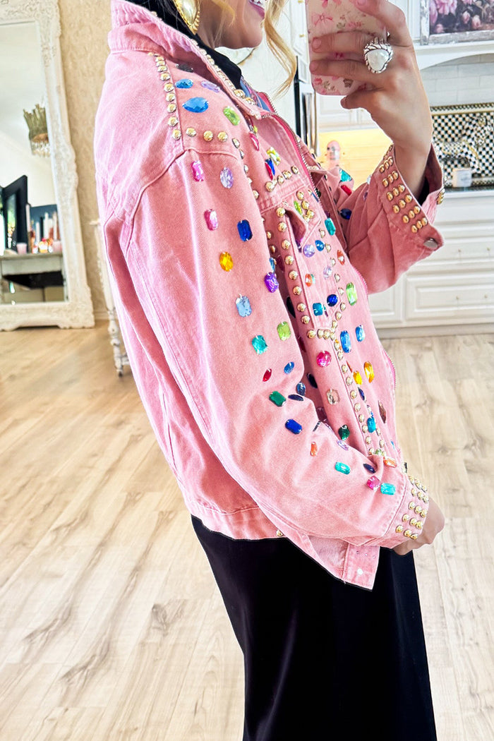 Pink Jeweled Zip Denim Jacket