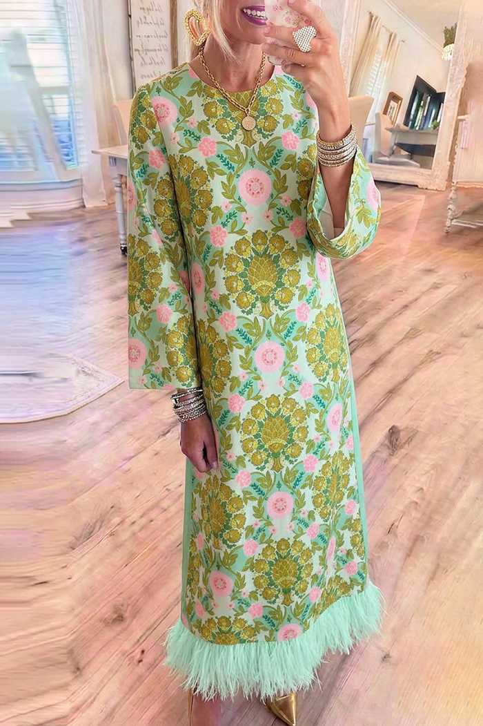 Floral Fringe Hem Flare Sleeve Maxi Dress