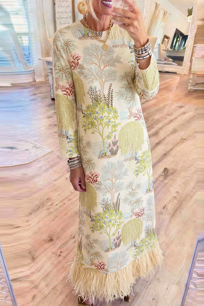 Tree Bird Landscape Round Neck Long Sleeve Fringe Hem Maxi Dress
