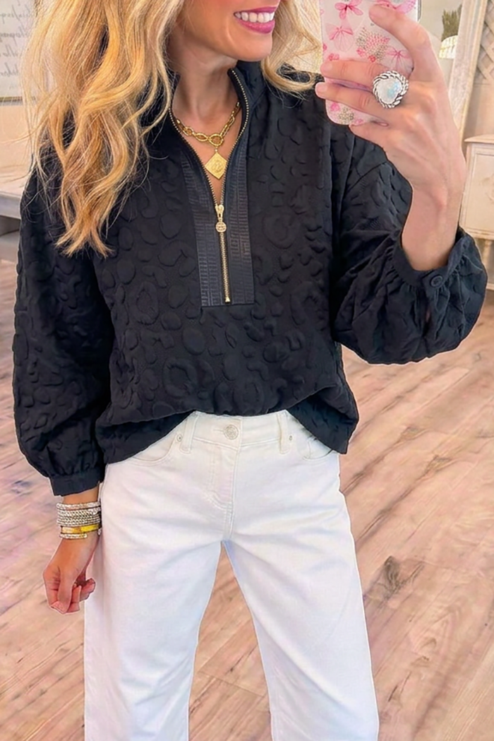 Black Embossed Leopard Zip Pocket Top
