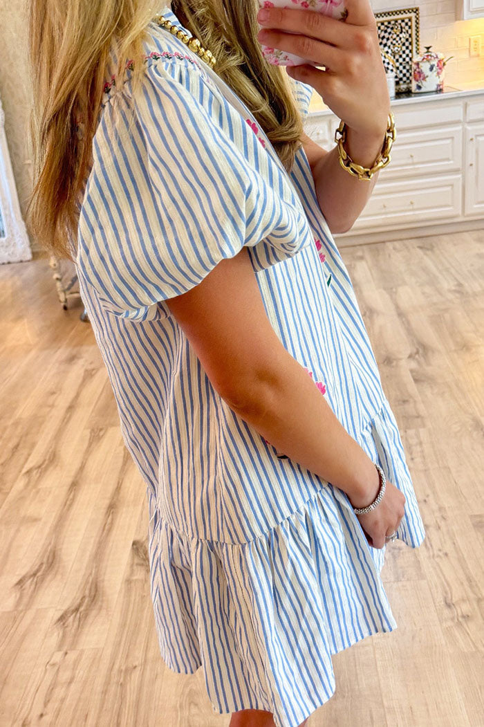 Striped Puff Sleeve Floral Embroidered Dress