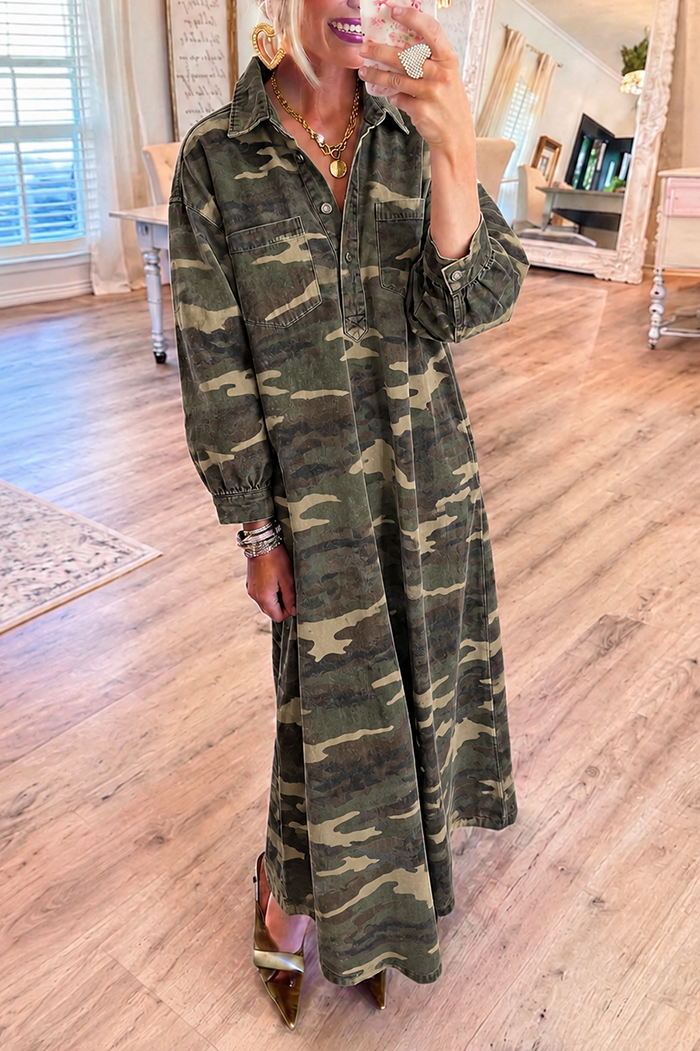Camo Long Sleeve Pocket Denim Maxi Dress