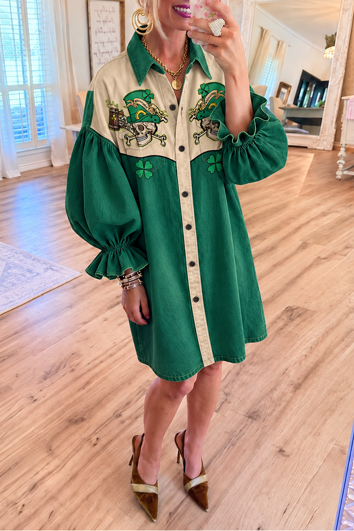 Green Denim Skull Clover Bubble Ruffle Sleeve Dress