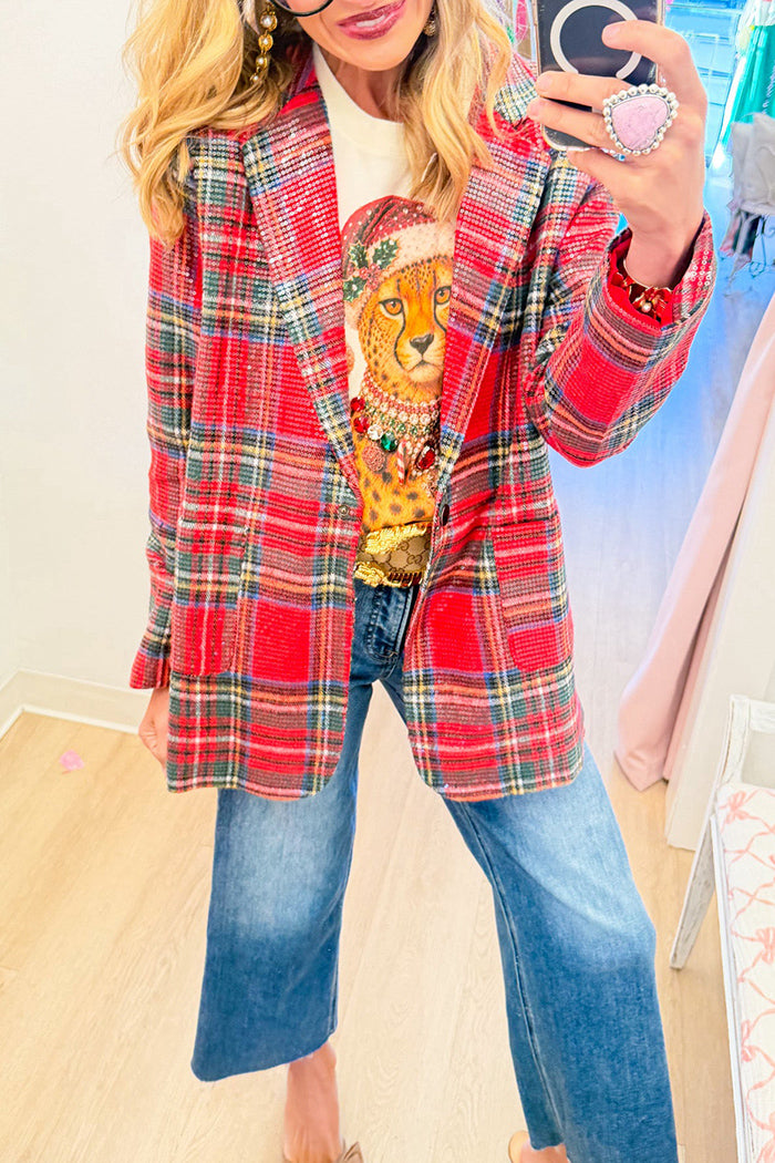 Red Plaid Sequin Pockets Jacket