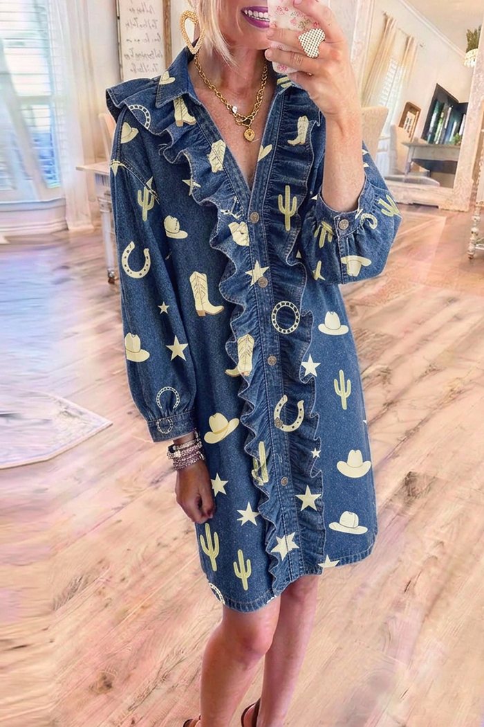 Blue Denim Ruffle Placket Western Print Shirt Dress
