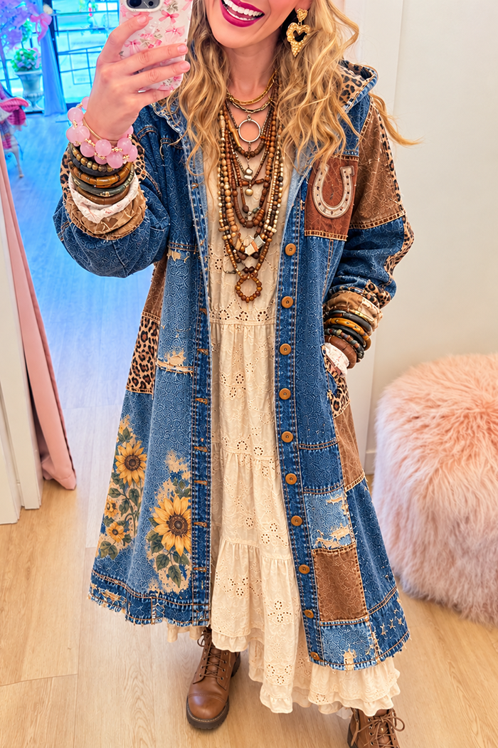 Sunflower Horseshoe Patchwork Long Denim Duster Coat