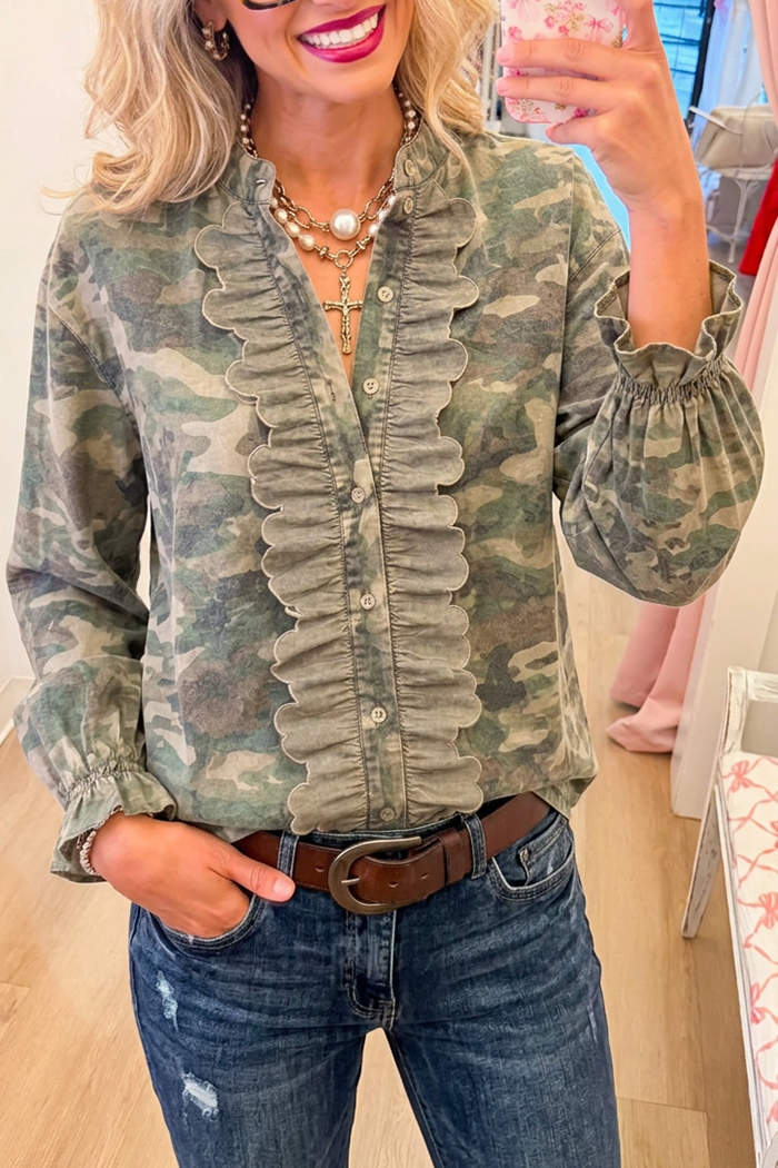 Camo Ruffle Front Button Long Sleeve Top