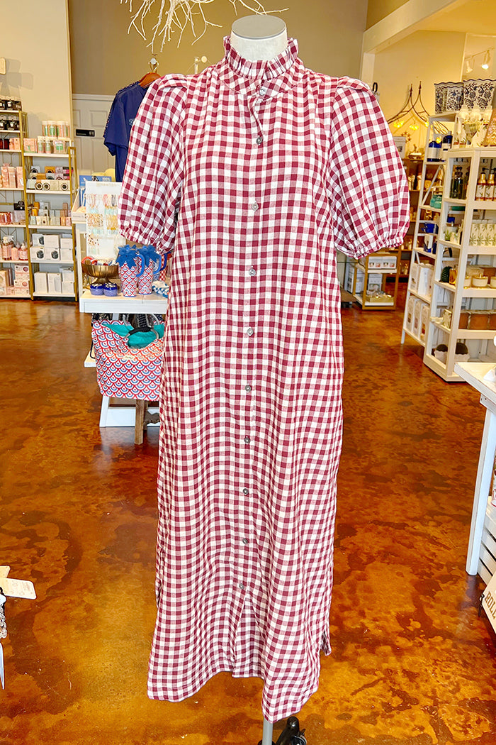 Gingham Ruffle Neck Midi Dress