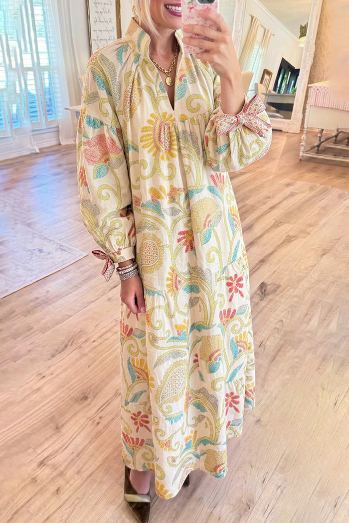 Floral Jacquard Stand Collar Tie Cuffs Balloon Sleeves Pockets Maxi Dress