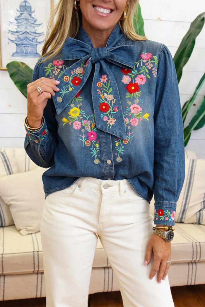 Denim Bow Neck Button Front Puff Sleeve Floral Top