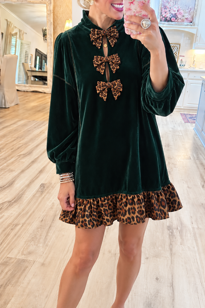 Dark Green Velvet Leopard Bow Ruffle Dress