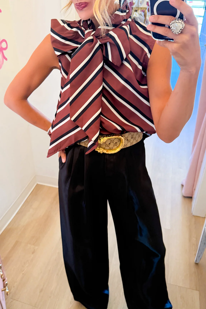 Brown Stripe Sleeveless Neck Tie Top