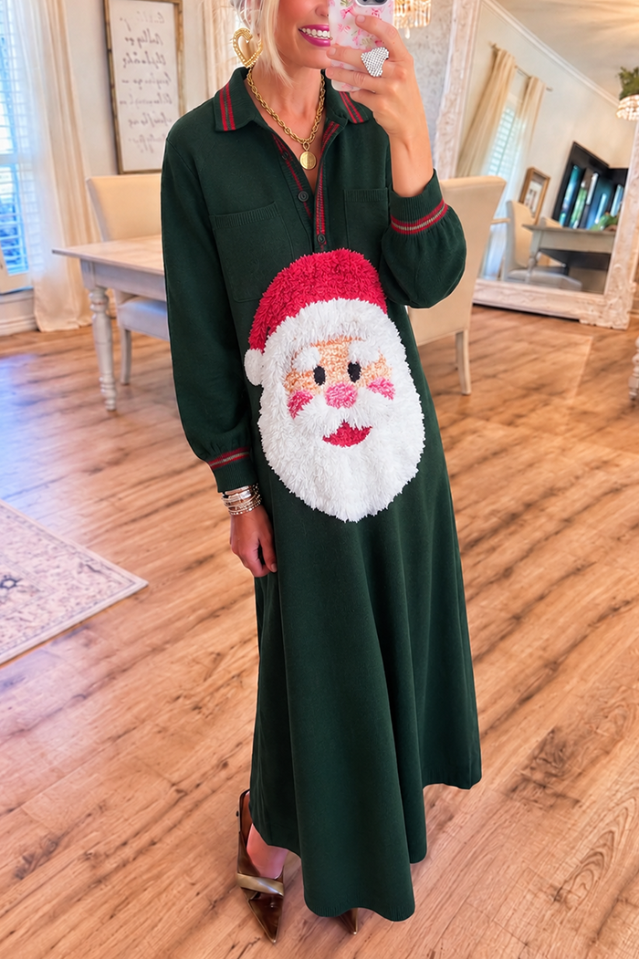 Striped Trim Pocket Santa Knit Maxi Dress