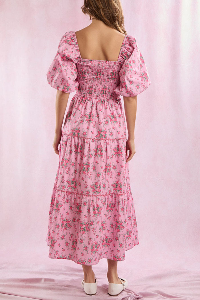 Floral Print Bow Puff Sleeve Dress