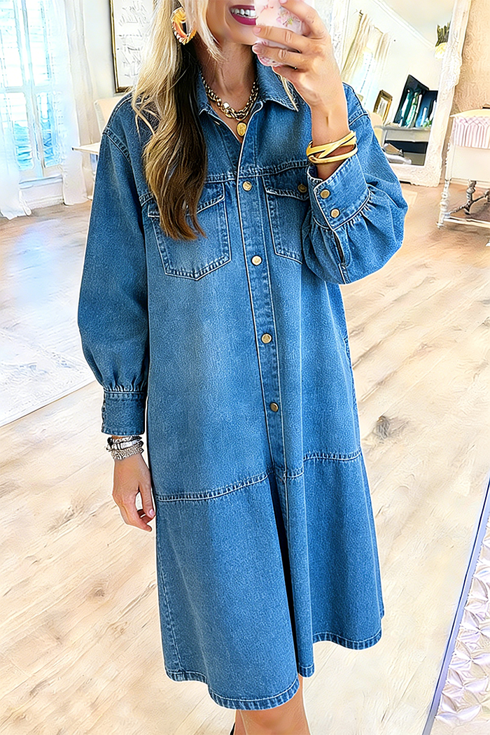 Balloon Sleeve Flap Pocket Denim Dress