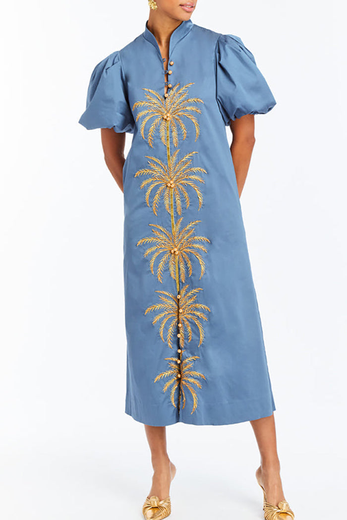 Puff Sleeve Buttoned Gold Palm Maxi Dress