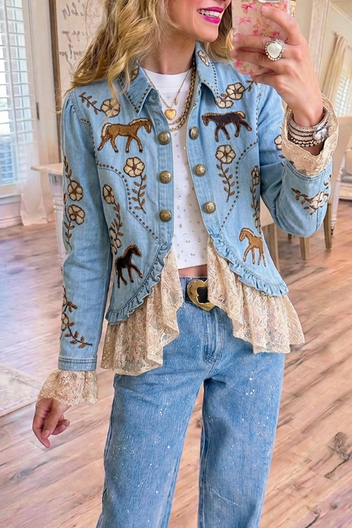 Light Wash Denim Horse Floral Lace Ruffle Hem Cropped Jacket