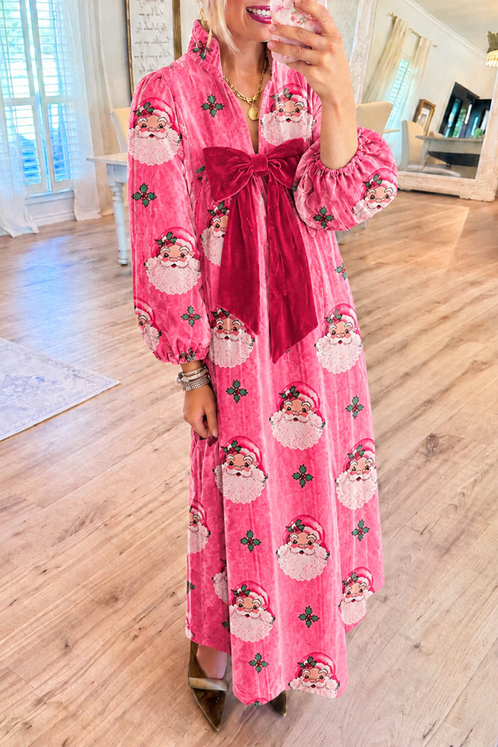 Hot Pink Santa Velvet Bow Maxi Dress