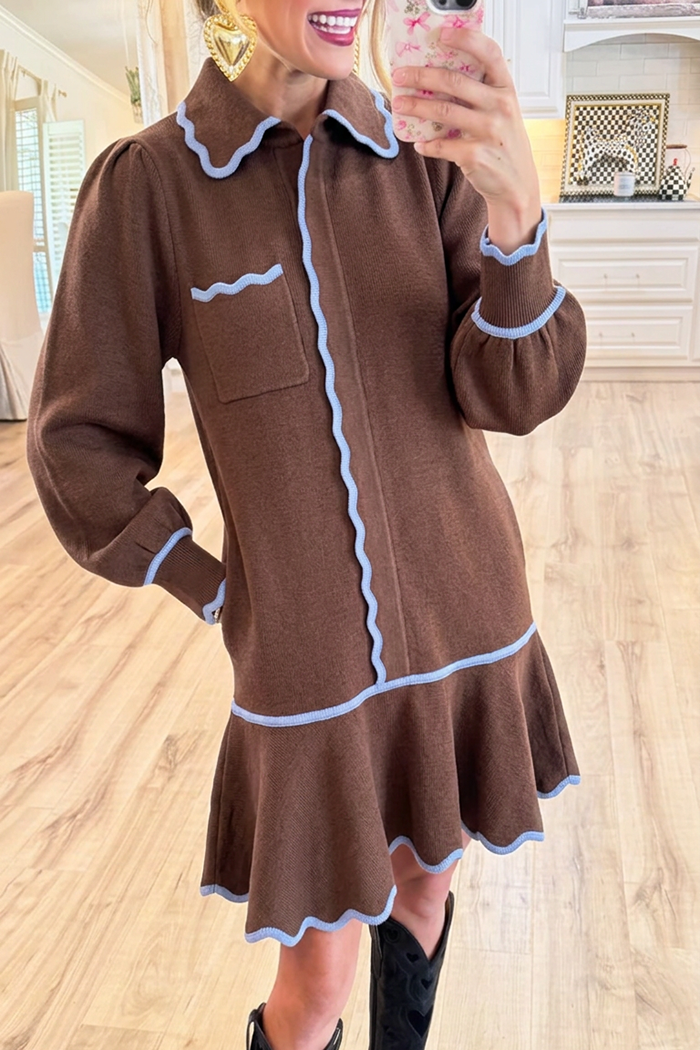 Brown Knit Collared Wavy Trim Puff Sleeves Pockets Dress