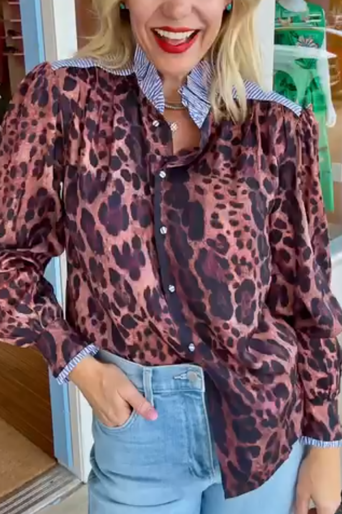 Casual Ruffles Collar Leopard Blouse