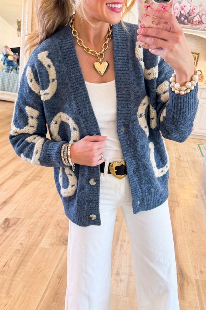 Dusty Blue Horseshoe Pattern Button Front Long Sleeve Knit Cardigan