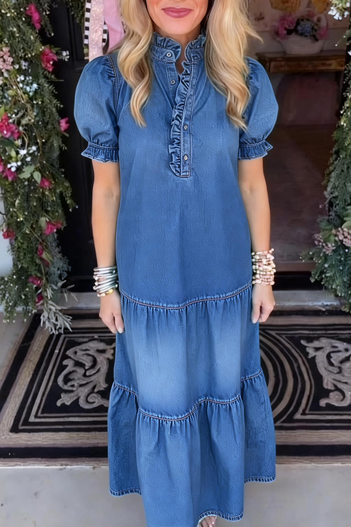 Ruffle Collar Puff Sleeve Denim Dress