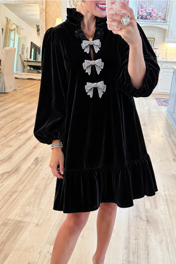 Black Velvet Balloon Sleeve Bow Ruffle Hem Dress