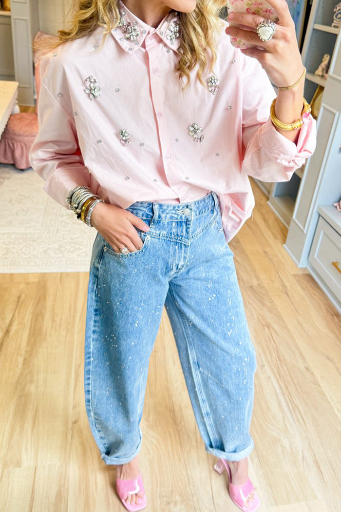 Casual Rhinestone Barrel Jeans