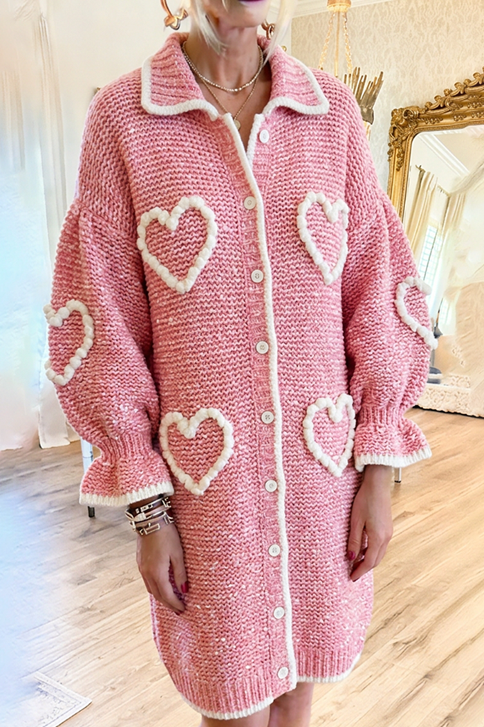 Pink Crochet Heart Collared Button Front Knit Dress