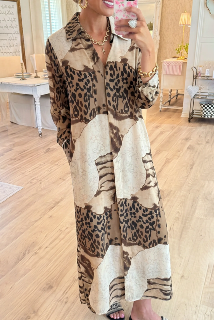 Collared Leopard Patchwork Long Sleeve Pocket Maxi Dress