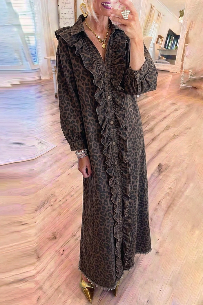 Denim Ruffle Placket Leopard Print Frayed Hem Maxi Dress