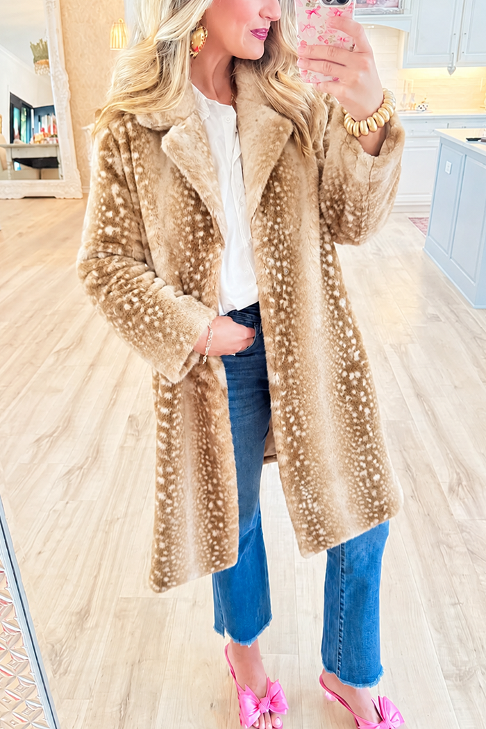 Deer Pattern Faux Fur Long Coat