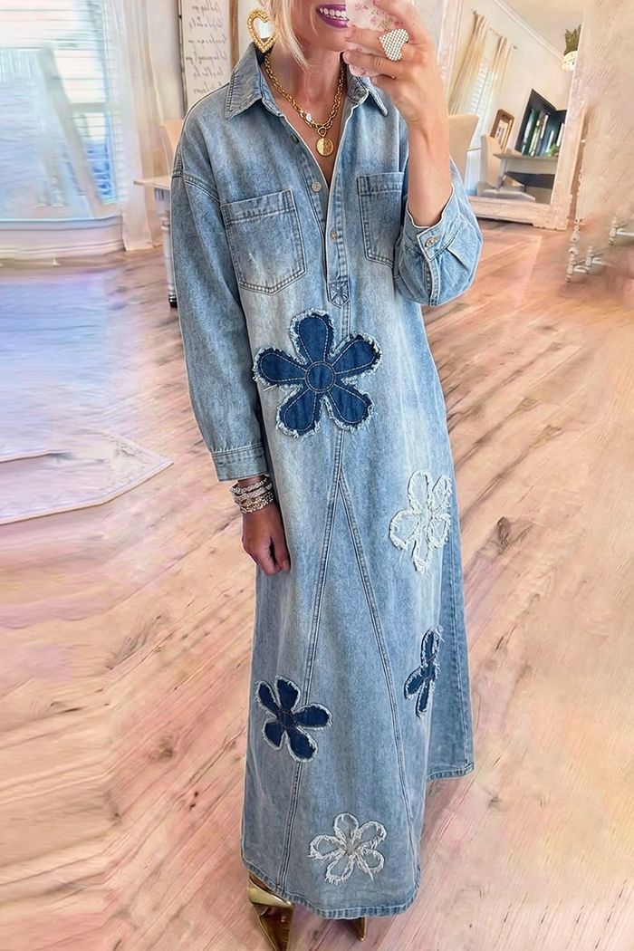 Light Wash Denim Collared Henley Half Button Floral Applique Maxi Dress