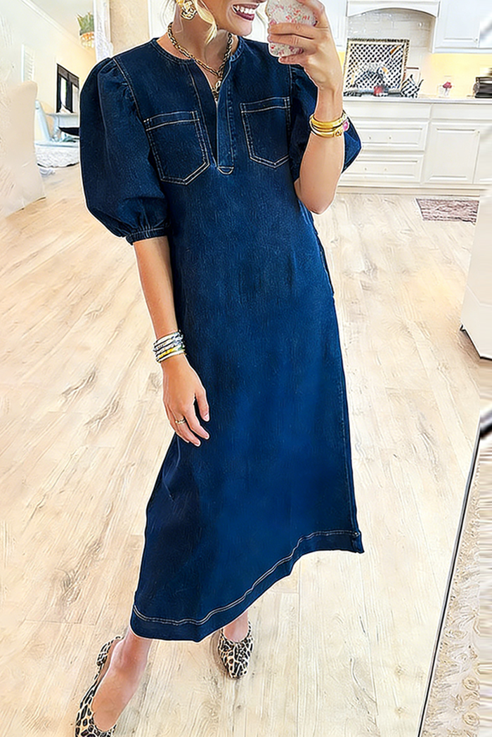 Puff Sleeve Chest Pocket Denim Maxi Dress