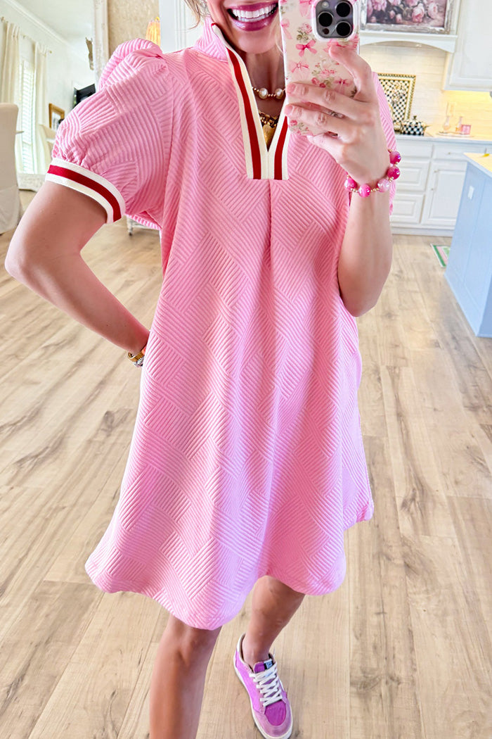 Pocketed Puff Sleeve Textured Mini Dress