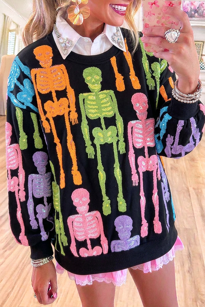 Colorful Skeleton Sequin Motif Long Sleeve Crew Neck Sweatshirt