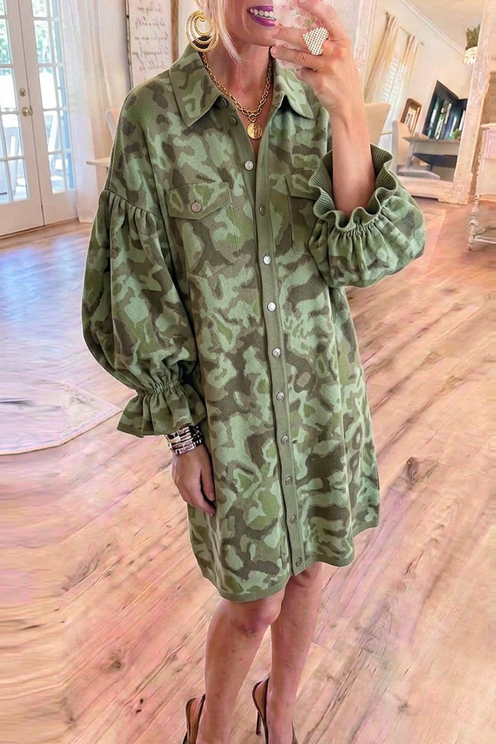 Green Camo Knit Ruffle Sleeve Shirt Dress