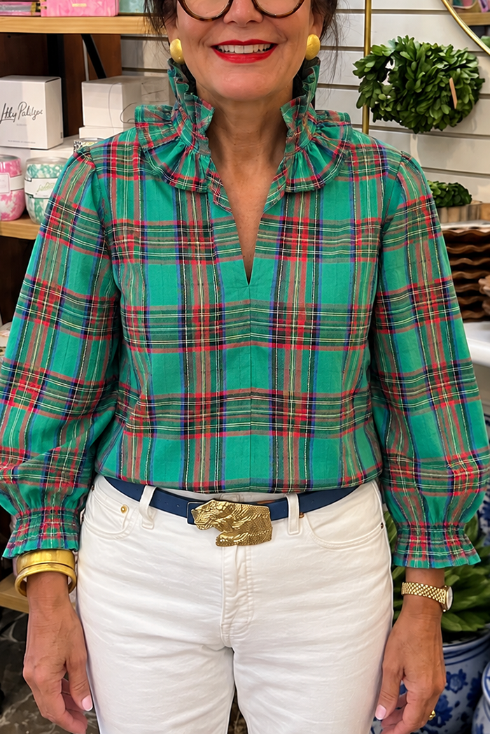Green Tartan Plaid Ruffle Collar Top